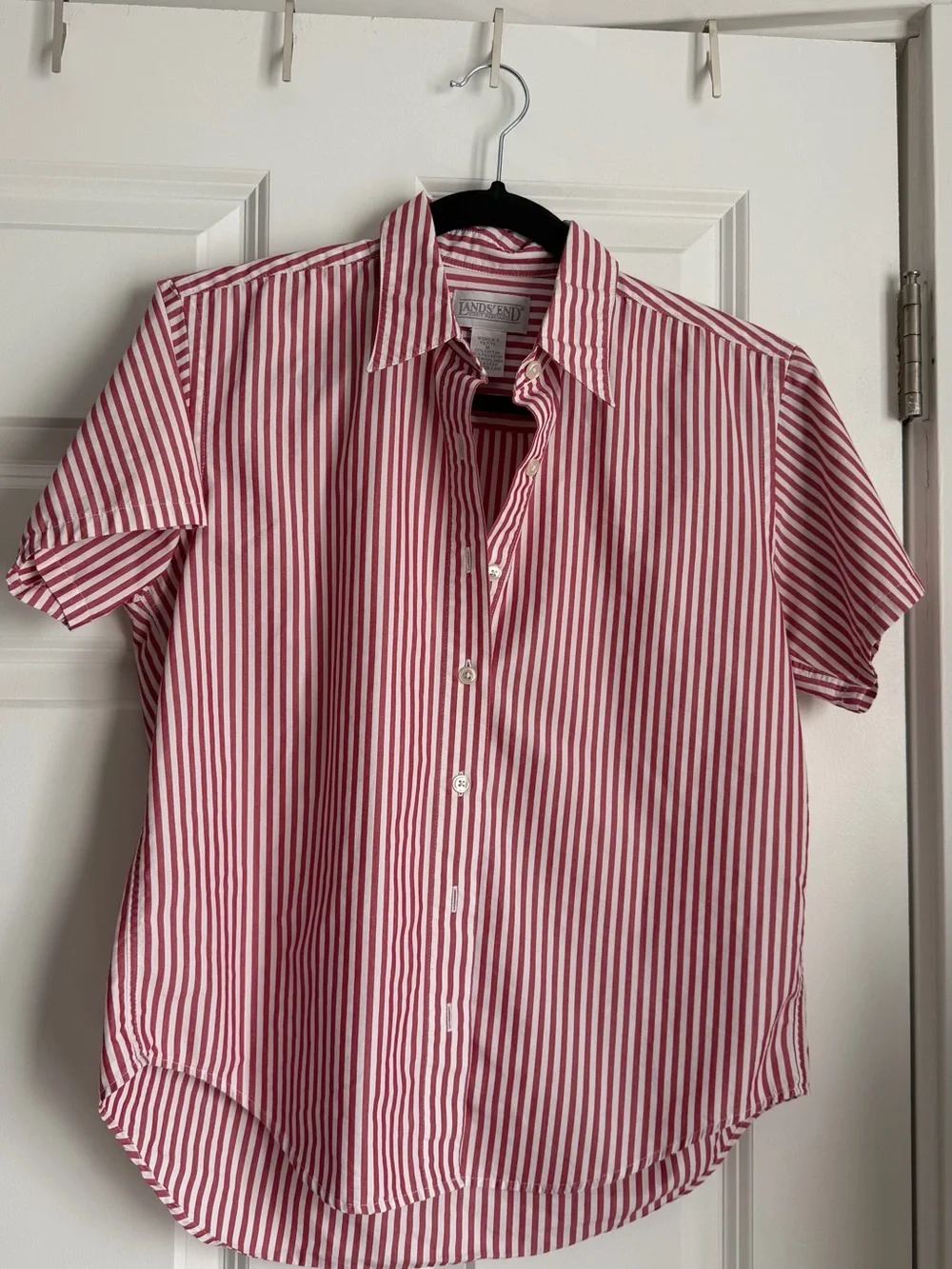 Lands' End Red & White Vertical Stripe Short-Sleeve Cotton Blend Button Down